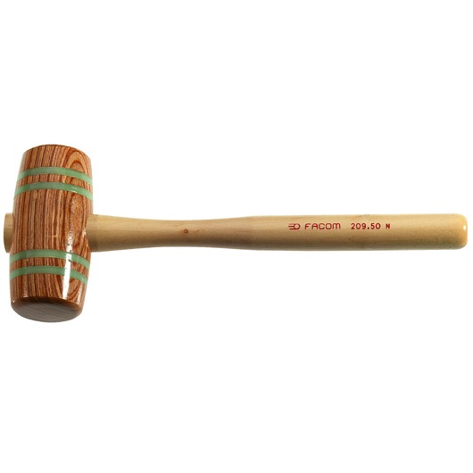 Facom 20950 wooden mallet with rounded head and green bands, side angle on white background.