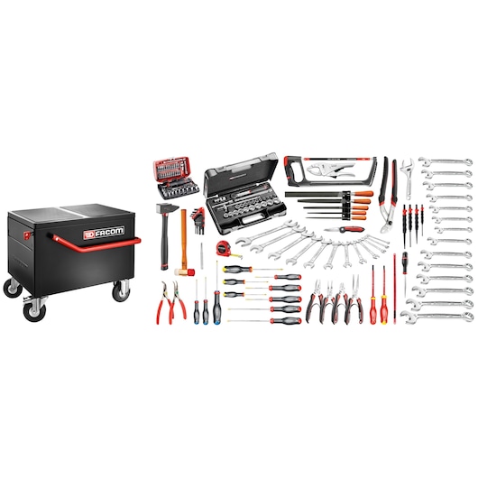 Facom 2092m120a tool chest with assorted hand tools and wrenches, white background, front angle.
