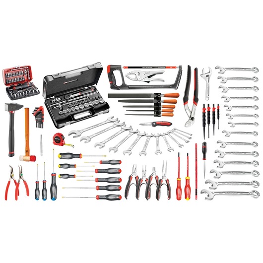 Facom 2092m120a tool set photography, assorted hand tools with cases, screwdrivers, wrenches, pliers, white background