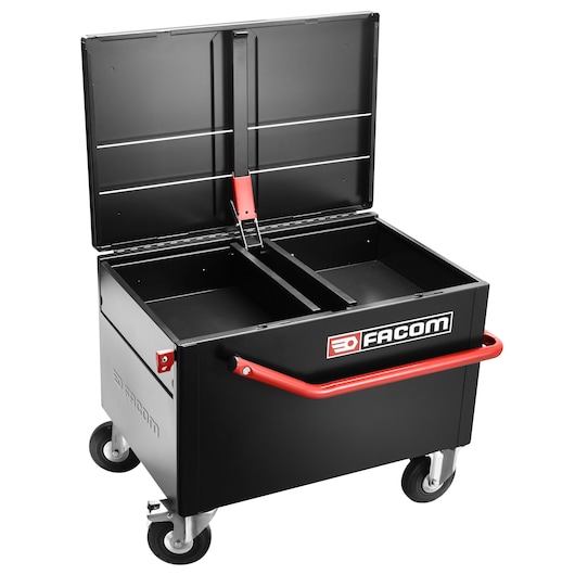 Photo of Facom 2092B black mobile storage chest with open lid, red handle, and four caster wheels, front angle.