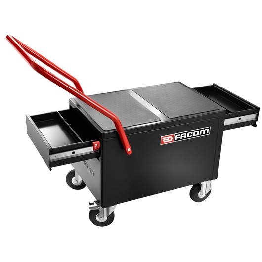 Facom 2092B black tool cart with red handle, two side drawers open, white background, product angle view.