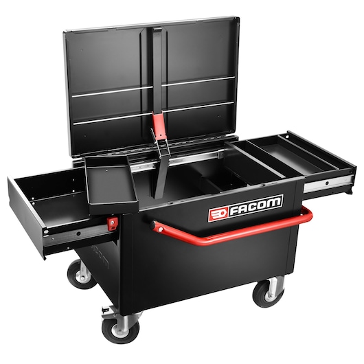 Facom rolling tool chest 2092B with open drawers and lid, black and red, photography, front angle.