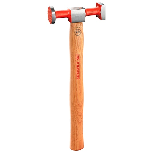 Facom 211.MH26 machinist hammer with red metal head and wooden handle, front angle on white background.