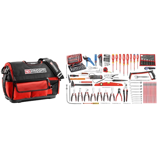 Facom 2120_E18 tool bag with red and black fabric and a large selection of hand tools including screwdrivers, pliers, wrenches, and a hacksaw, shown from the front on a white background.