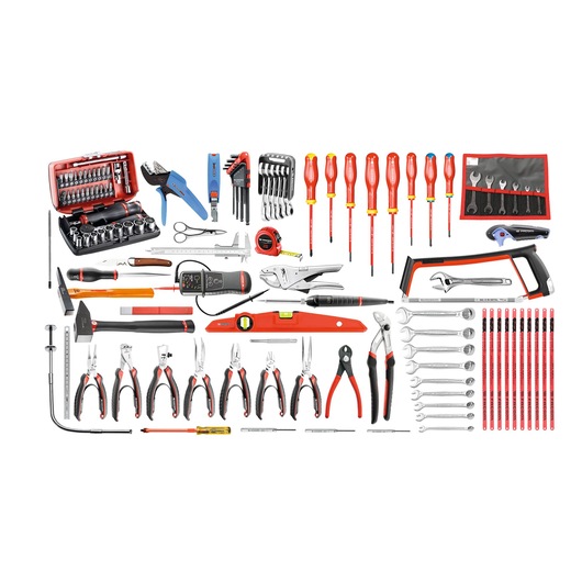 Facom 2120_E18 hand tool kit, assorted pliers, screwdrivers, wrenches and sockets set, front angle, white background.