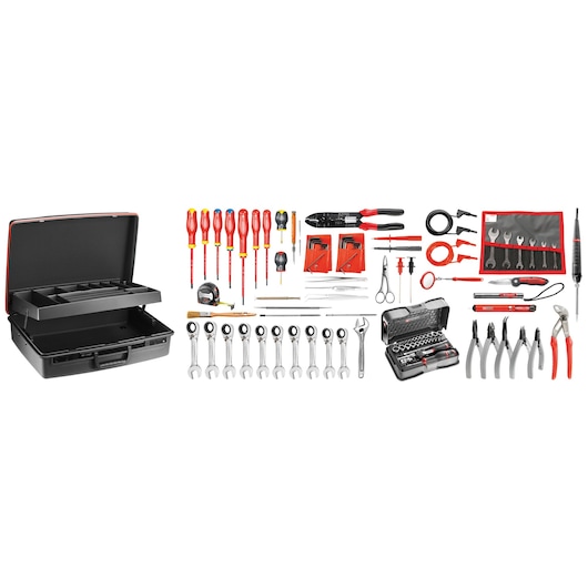 Facom tool kit with open black hard case, assorted screwdrivers, wrenches, pliers, sockets, and hand tools, 2138EL34, front angle.