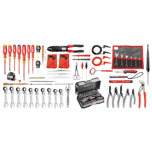 Facom 2138EL34 comprehensive tool set with screwdrivers, wrenches, pliers, sockets, and accessories, top-down view.