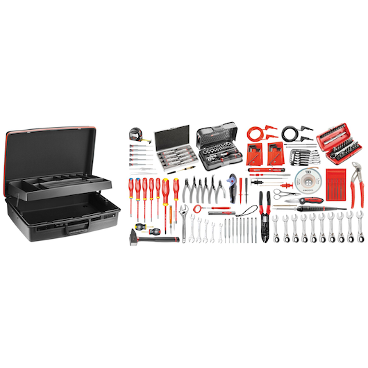 Facom 2138EL35 tool kit with open black case and assorted hand tools laid out on white background.
