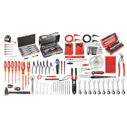Facom 2138EL35 assorted hand tools photography, including screwdrivers, pliers, wrenches, sockets, and accessories, top view.