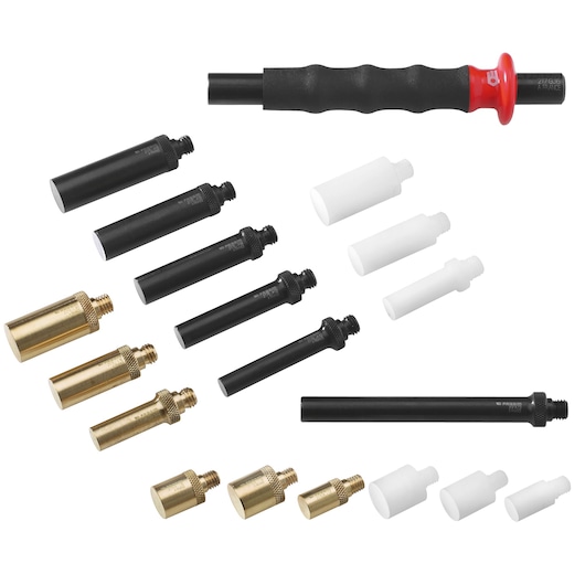 Facom 217_GJ1 set with black handle tool, black, white, and brass cylindrical attachments, photography on white background.
