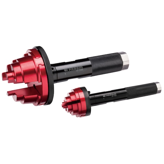 Facom 217.J2PB two-piece red and black pipe deburring tool set, side angle, on white background.