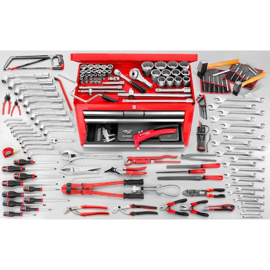 Facom 2174MAG5 photography of red toolbox with assorted hand tools, sockets, wrenches, screwdrivers, front angle.
