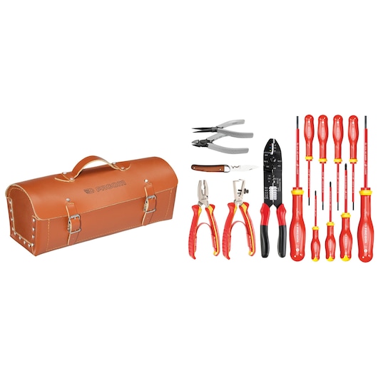 Facom 2180_SE tool set with brown leather toolbox, assorted insulated screwdrivers, pliers, cutters, and wire stripper, front angle.