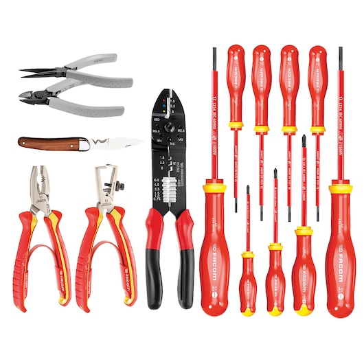Facom 2180_SE hand tool photography showing assorted screwdrivers, pliers, wire cutters, stripper, and knife on white background.