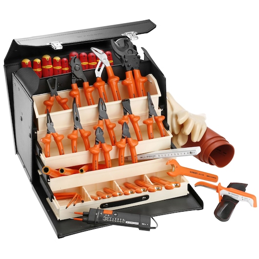 Facom insulated tool kit 2184C_VSE with assorted pliers, screwdrivers, gloves, and accessories organized in a black case, front angle.