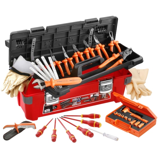 Facom 2185C_VSE insulated tool set with red toolbox, gloves, pliers, screwdrivers, wrenches, and sockets, front angle.
