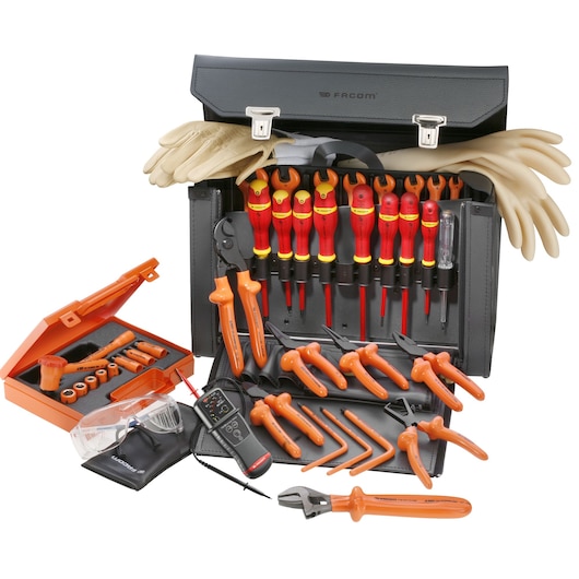 Facom 2187C_VSE insulated electrician's tool set with screwdrivers, pliers, wrenches, gloves, and case, front view.