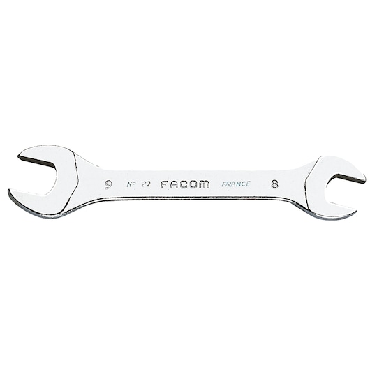 Facom open-end wrench 22_10X11 with chrome finish, front angle on white background.