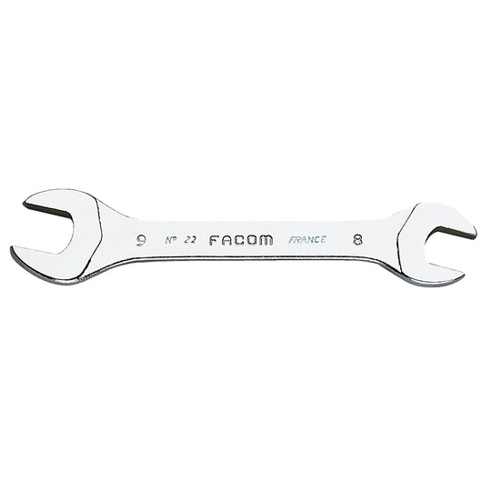 Facom 22_3_2X5_5 open-end wrench with chrome finish, top view on white background.