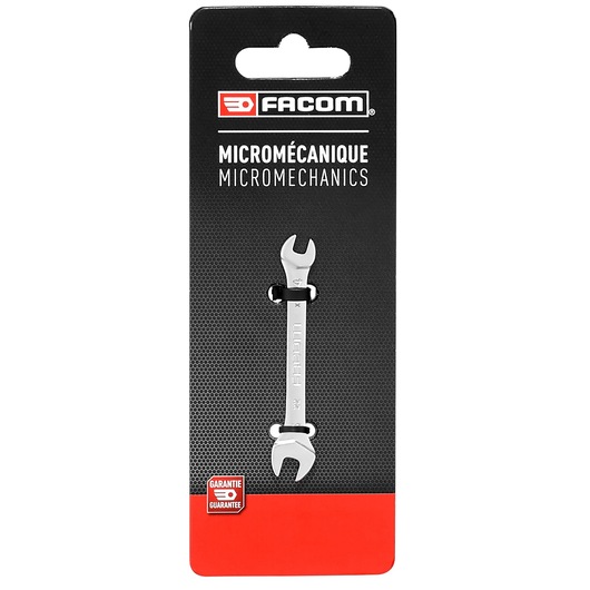 Facom 22_3_2X5_5 micromechanics double open-end wrench, silver, on black and red packaging, front angle.
