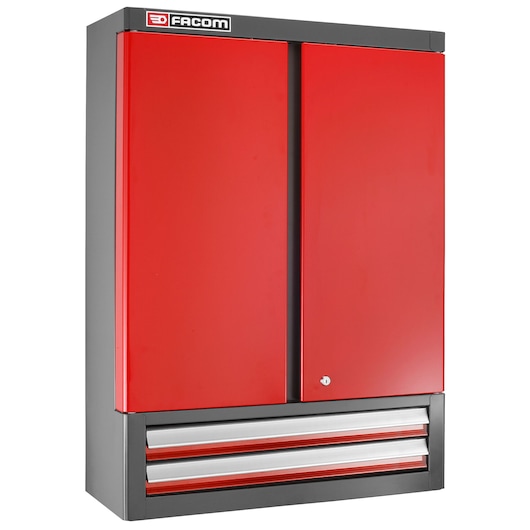 Facom 2202XL wall-mounted storage cabinet with red double doors and three silver drawers, front angle, white background.