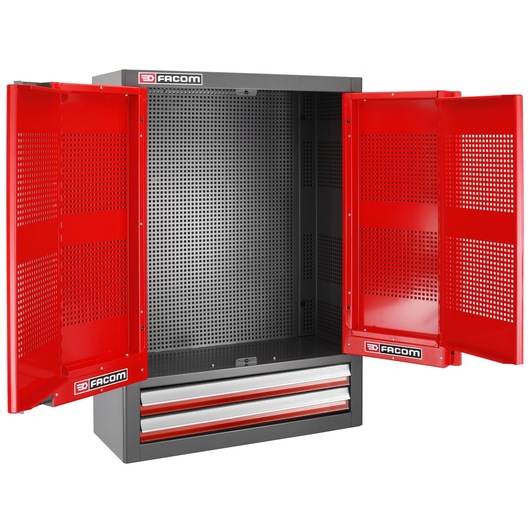 Facom 2202XL wall-mounted tool cabinet with red perforated doors, two drawers, and pegboard back, front angle.