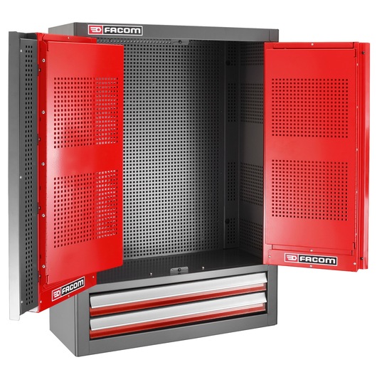 Photo of Facom 2202XL tool cabinet with red perforated doors open, three drawers, and black pegboard interior, front angle.