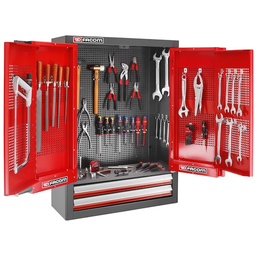 Facom 2202XL tool cabinet with open doors, displaying assorted hand tools and drawers, front view.