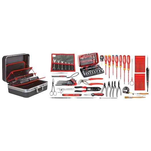 Facom 2208EL32 tool kit photography, black and silver metal case with assorted hand tools in front, white background.