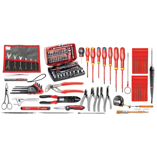 Facom 2208EL32 tool set with wrenches, screwdrivers, pliers, sockets, and accessories on white background.