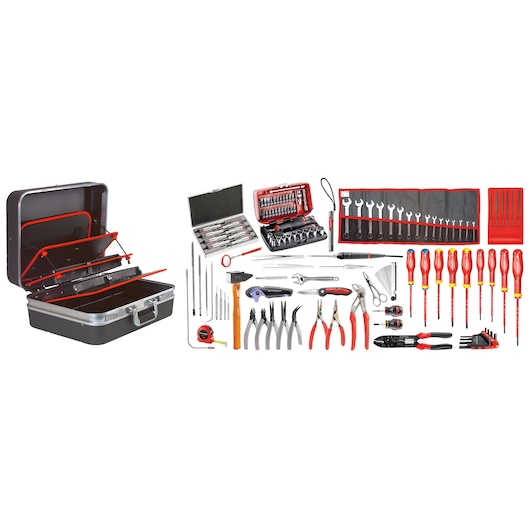 Facom 2208em41a tool set with black and red case, assorted hand tools, screwdrivers, pliers, wrenches, front angle.