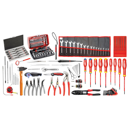Facom 2208em41a tool set photography, showing assorted hand tools including screwdrivers, pliers, wrenches, and sockets on white background.