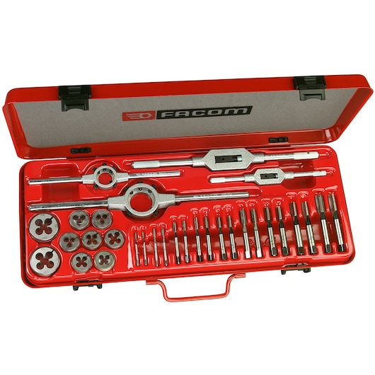 Facom tap and die set 221_227J1 in red carrying case, top view with metal tools organized inside.