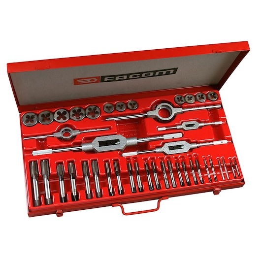 Facom 221_227J2 tap and die set in a red metal case, open top view showing assorted threading tools.