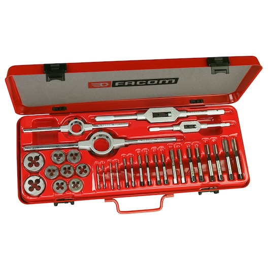 Photo of Facom 221_227SJ1 tap and die set with metal tools arranged in a red case, shown from above on white background.