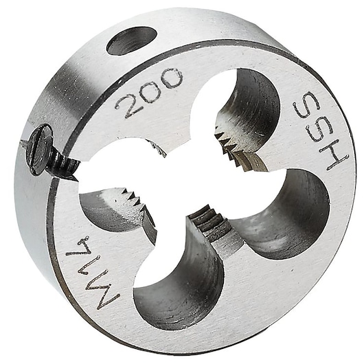 Facom round steel die M14, silver color, side angle, SKU 221_8X125, threading tool.