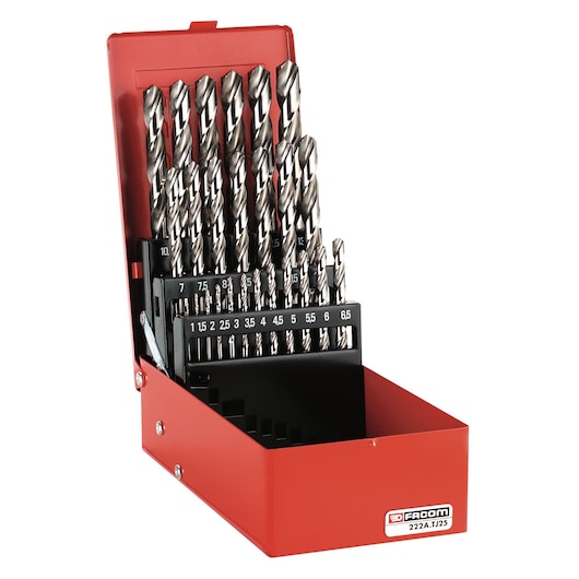Facom 222ATJ25 drill bit set in open red metal box, various sizes organized in labeled slots, front angle.