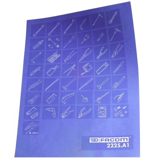 Photo of Facom 2225_A1 tool identification chart on white background, featuring illustrated icons of various hand tools.