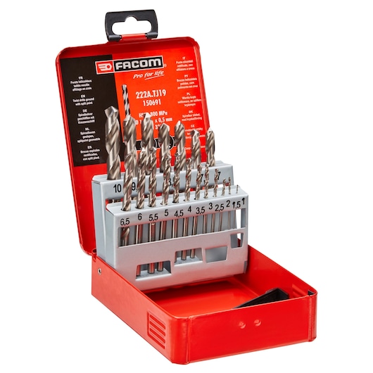 Facom drill bit set 222ATJ19 in red metal case, front angle, assorted sizes clearly labeled.