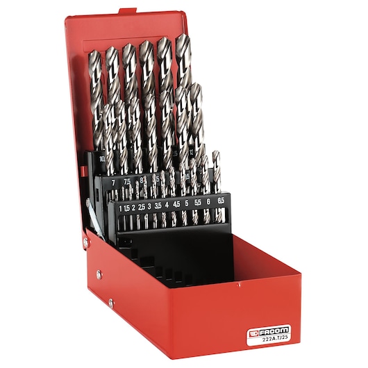Facom 222ATJ25 drill bit set in red metal box, wide angle showing assorted sizes with labeled slots.