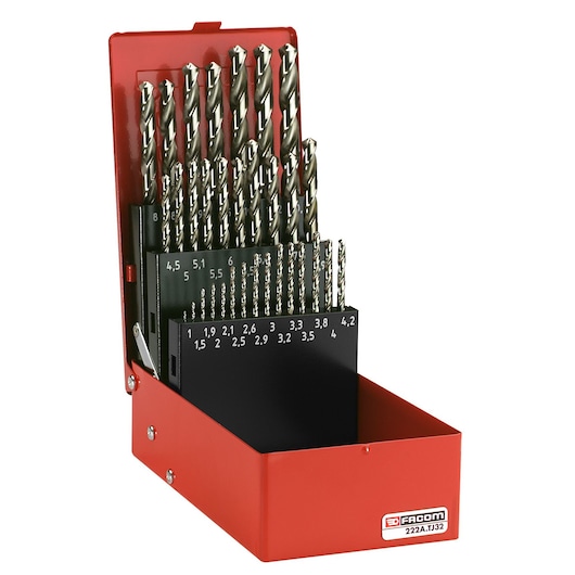 Facom 222A_TJ32 drill bit set in red metal case, angled view, multiple sizes organized in rows.
