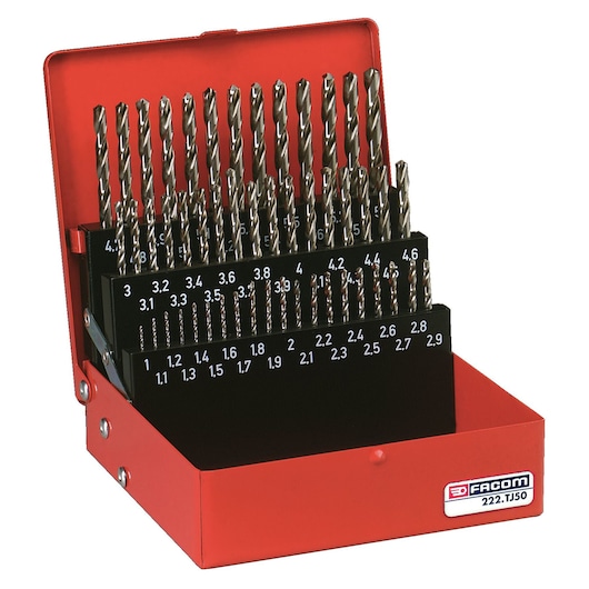 Facom 222A_TJ50 metal drill bit set in open red case, varied sizes labeled, front angle on white background.