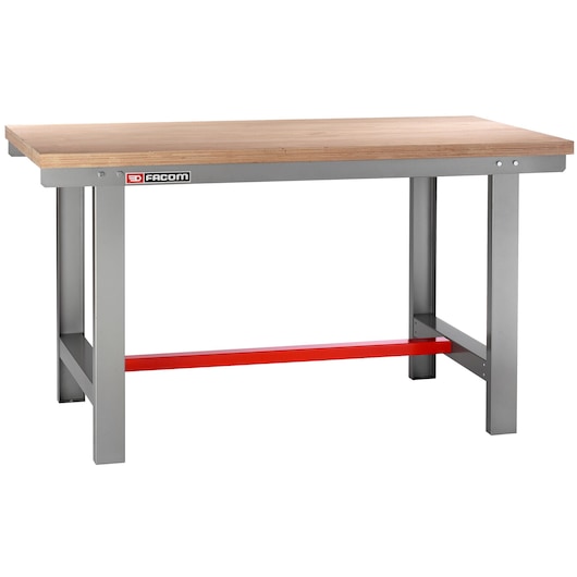 Facom 2245 workbench with wooden top, gray metal frame, and red crossbar, front angle on white background.