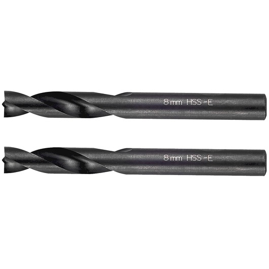 Facom 225.6J2 photography, two 8mm HSS-E metal twist drill bits displayed horizontally, side angle, white background.