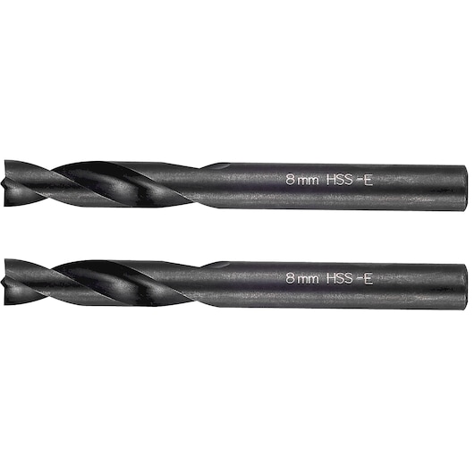 Facom 2258J2 pack of two 8mm HSS-E metal drill bits, side view on white background.