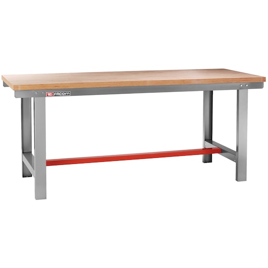 Facom 2250 workbench with wooden top and metal frame, red support bar, front angle on white background.