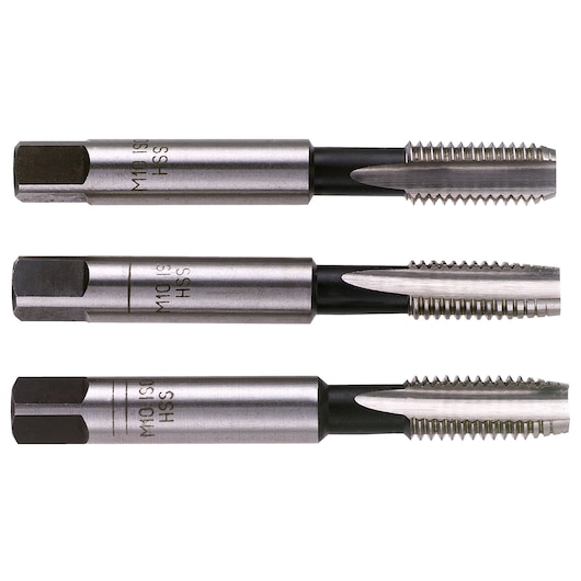 Photo of three Facom HSS thread taps, SKU 227_6X100T3, arranged in a row on white background, side view.