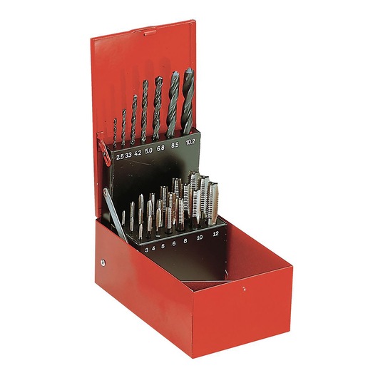 A red metal box containing a set of drill bits and taps organized by size, with size markings visible inside the box.