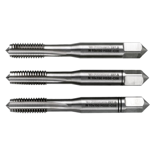 Facom 227_S10X150T3 metal threading tap set, three silver taps, side view, white background.