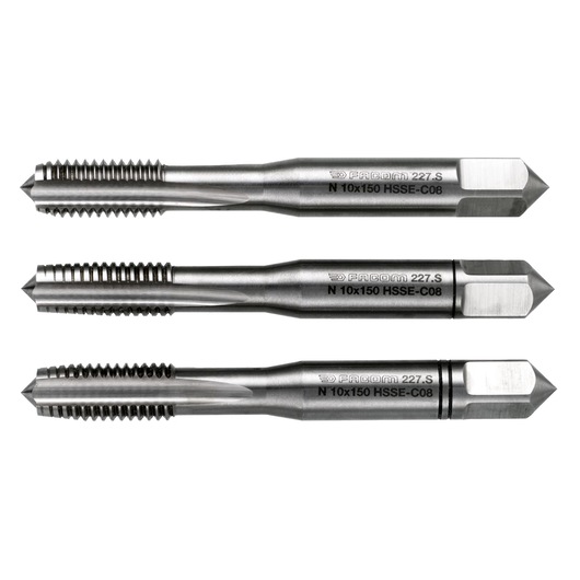 Facom 227S5X80T3 tap set, three silver threading tools, side view on white background.